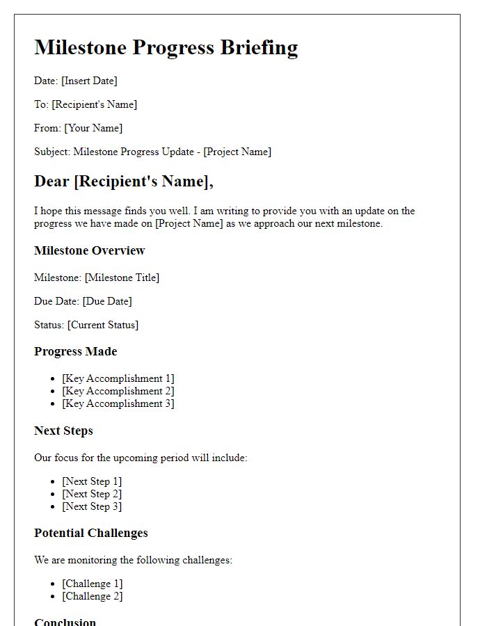 Letter template of Milestone Progress Briefing