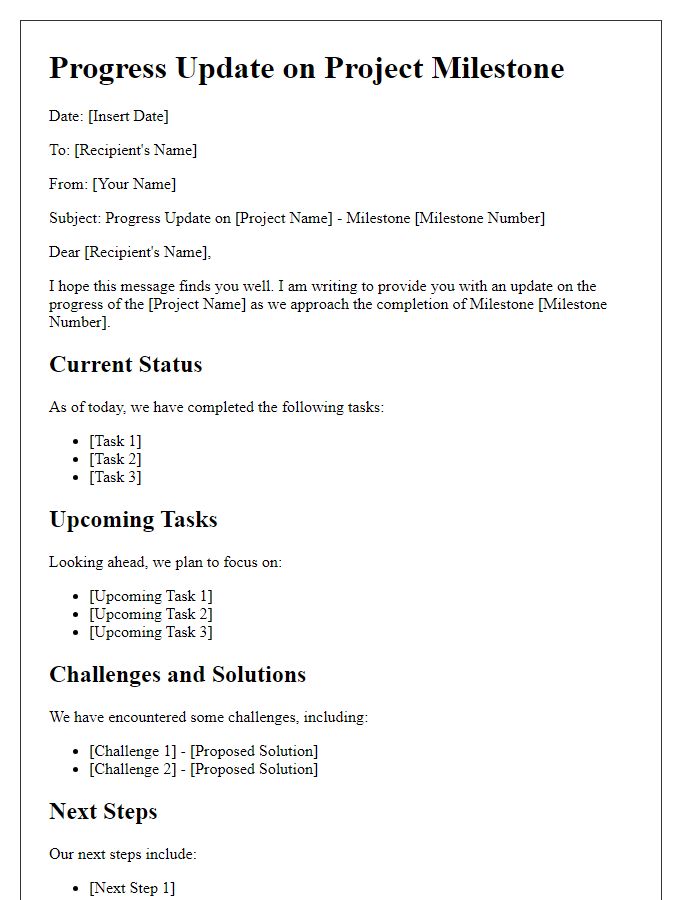 Letter template of Progress Update on Project Milestone