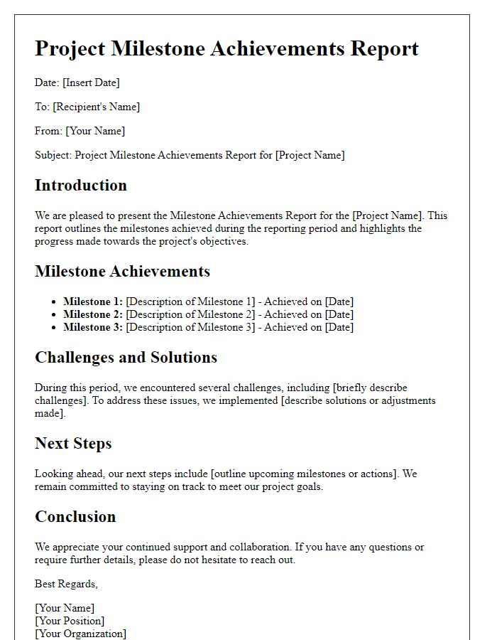 Letter template of Project Milestone Achievements Report