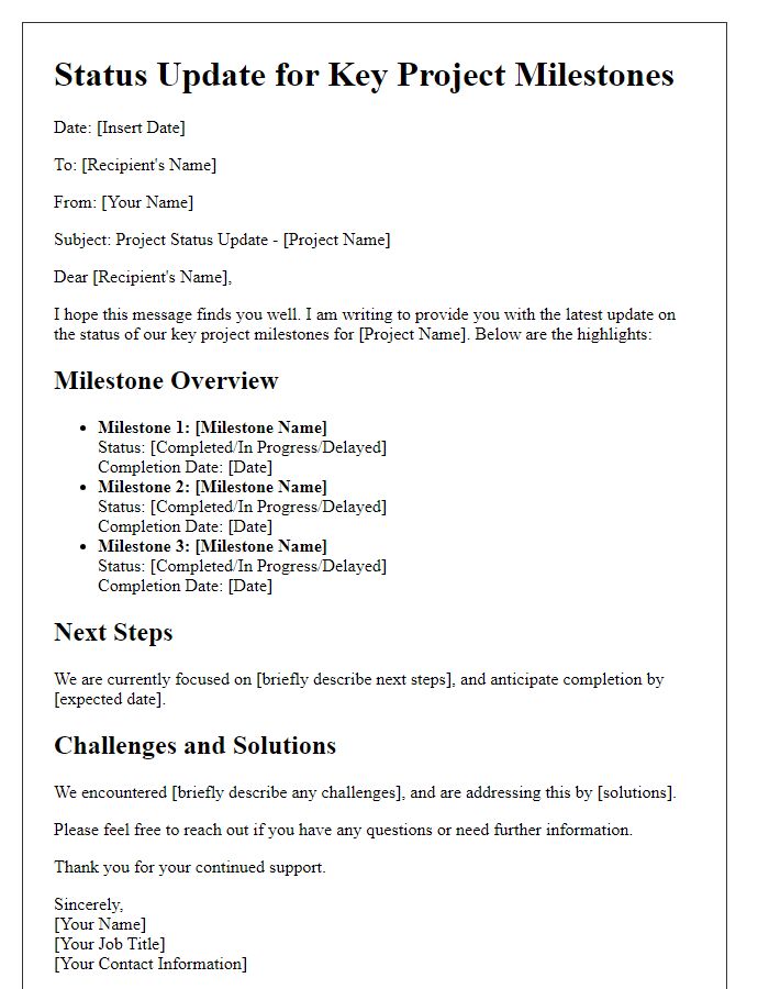 Letter template of Status Update for Key Project Milestones