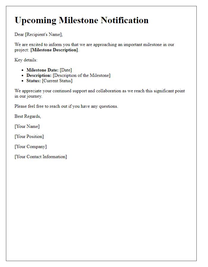 Letter template of Upcoming Milestone Notification