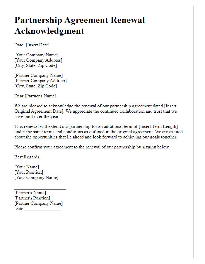 Letter template of partnership agreement renewal acknowledgment