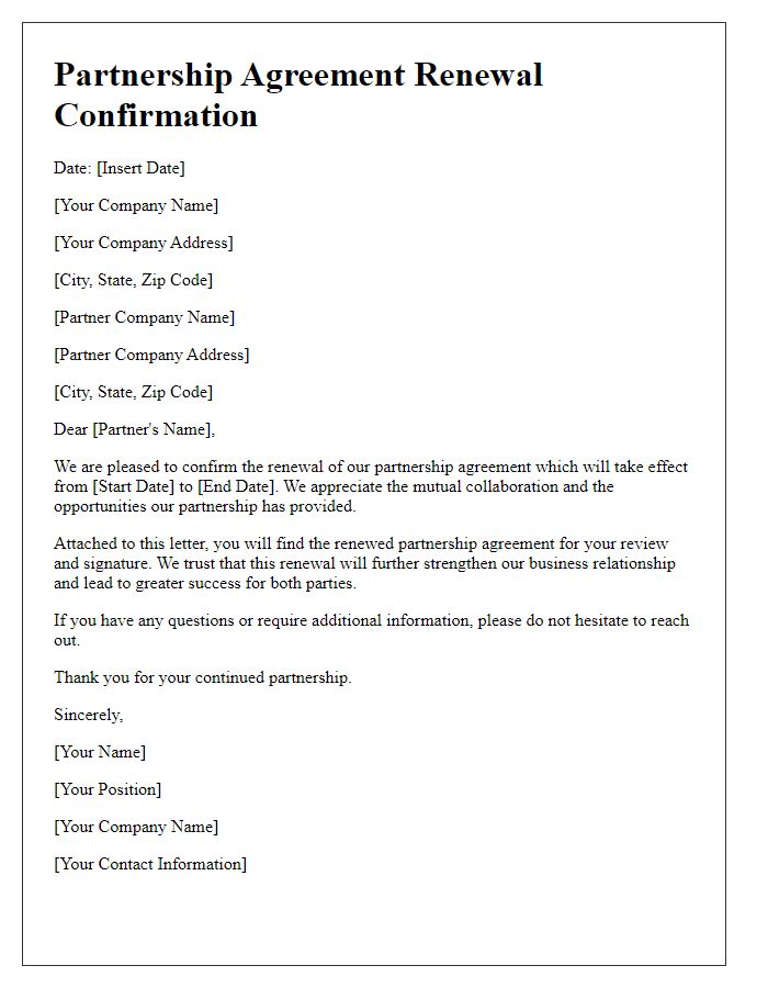 Letter template of partnership agreement renewal confirmation