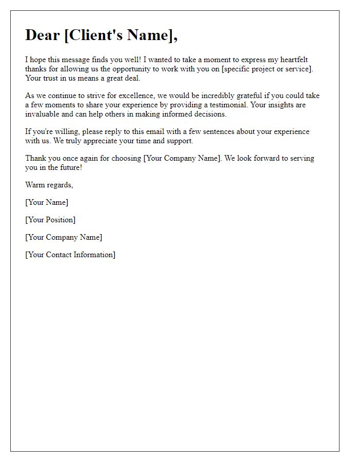 Letter template of client testimonial request and warm thanks