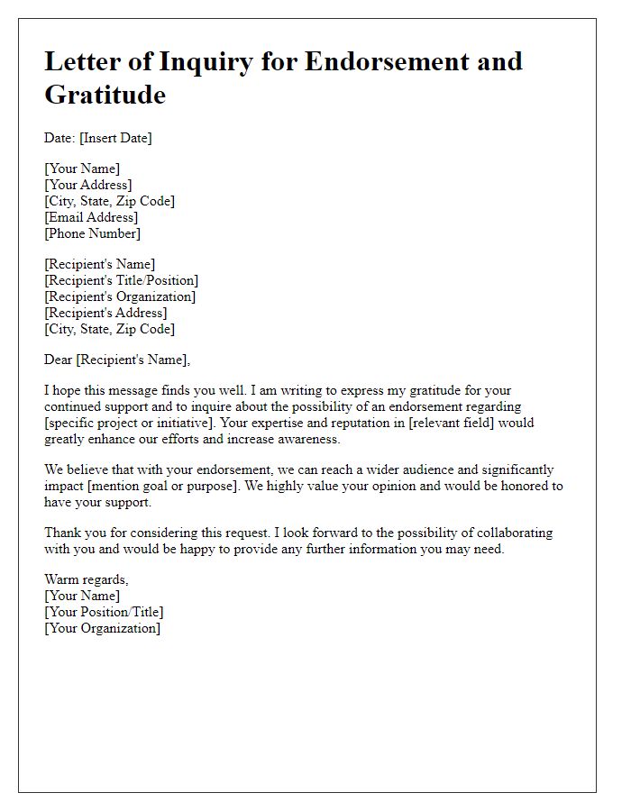 Letter template of inquiry for endorsement and gratitude