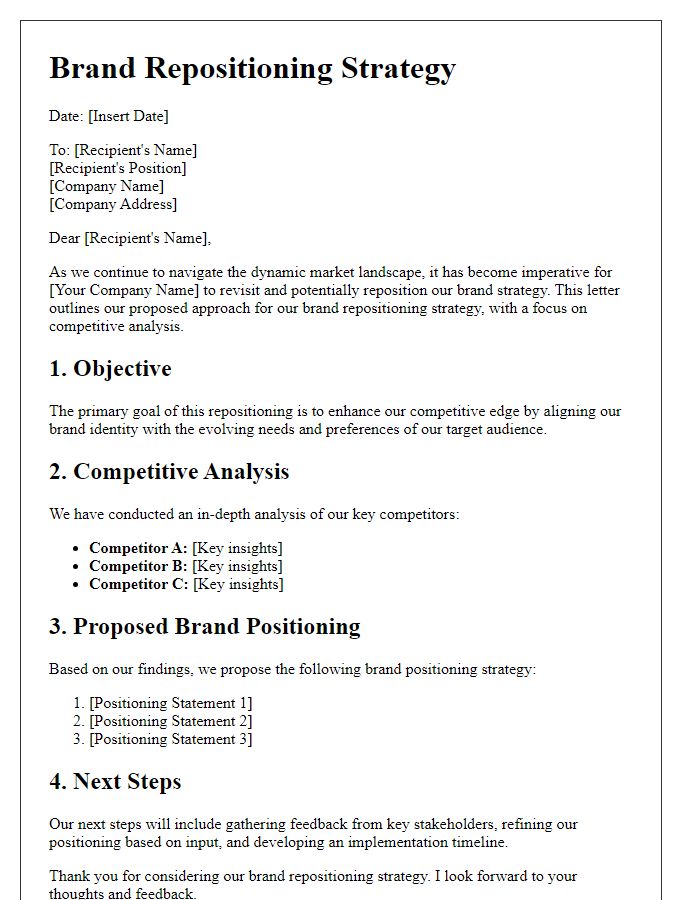 Letter template of brand repositioning strategy for competitive analysis