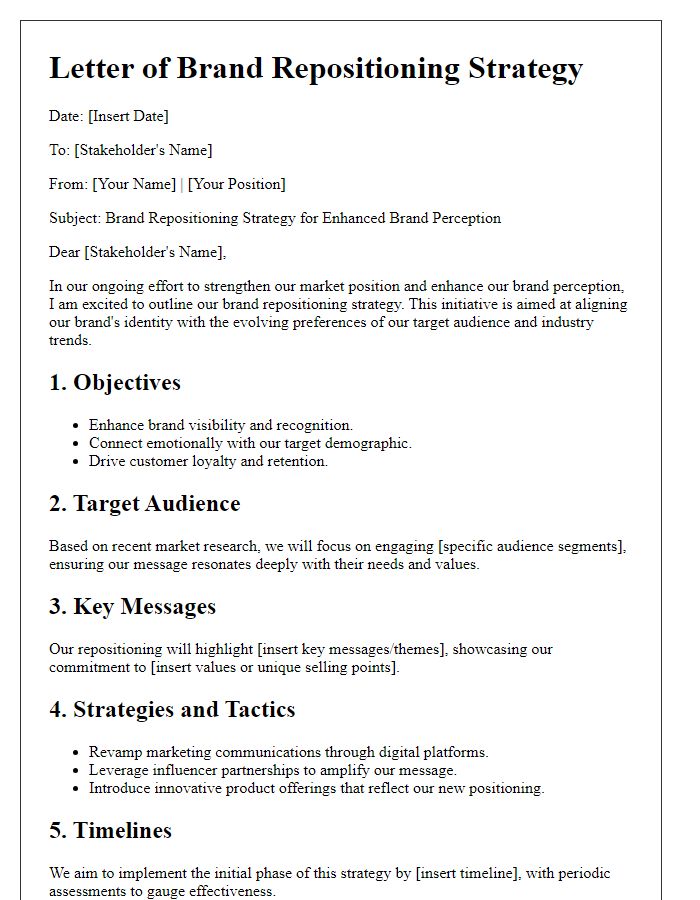 Letter template of brand repositioning strategy for enhanced brand perception