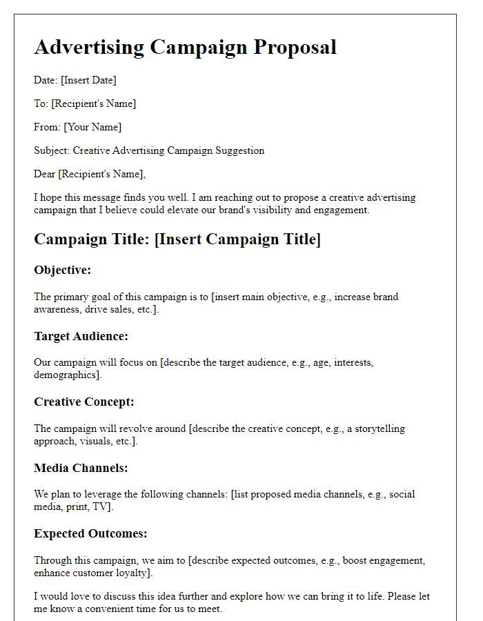 Letter template of a creative advertising campaign suggestion