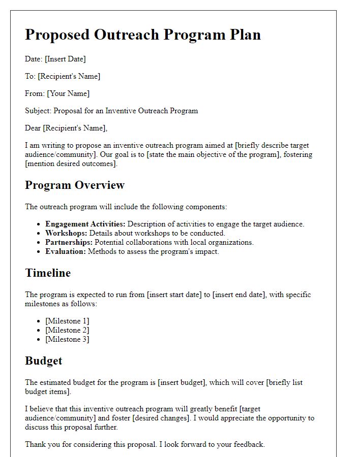 Letter template of an inventive outreach program plan