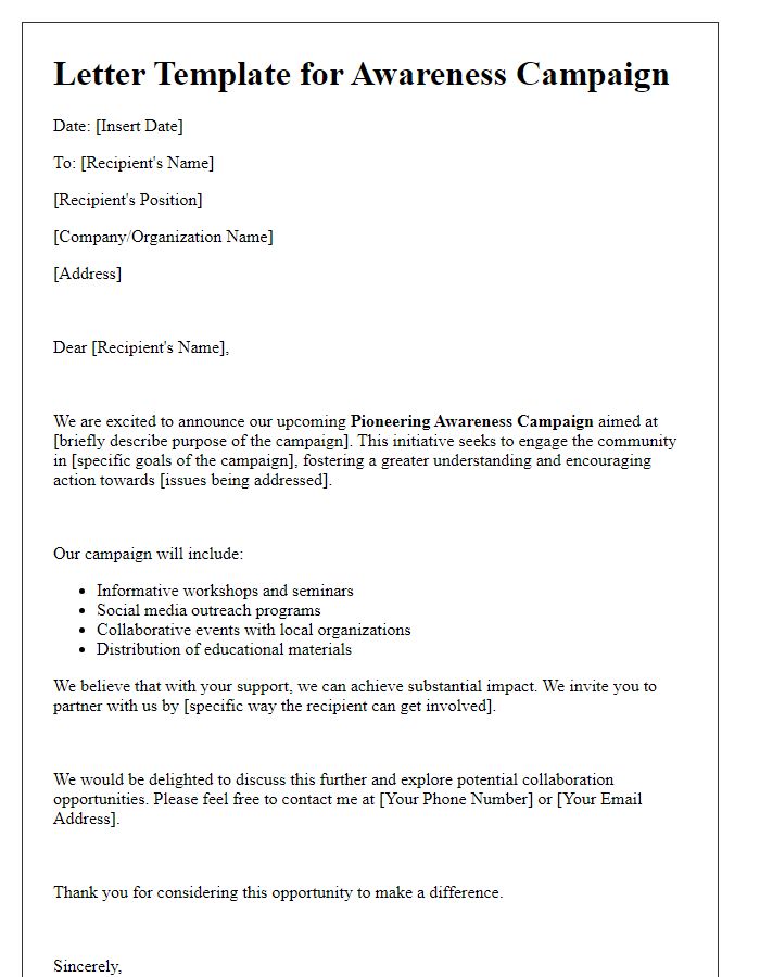 Letter template of a pioneering awareness campaign blueprint