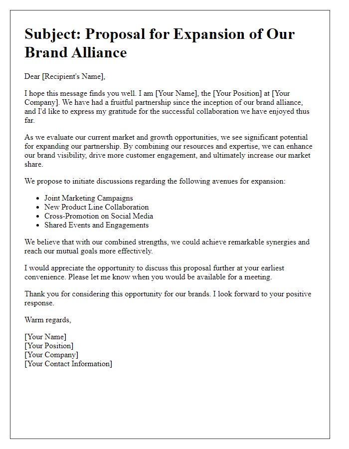 Letter template of appeal for brand alliance expansion