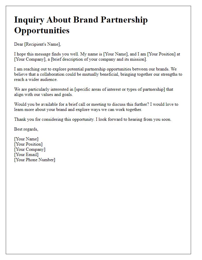 Letter template of inquiry about brand partnership opportunities