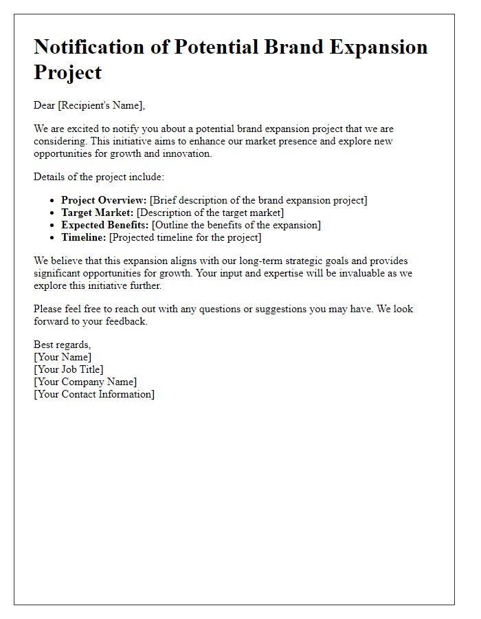 Letter template of notification for potential brand expansion project