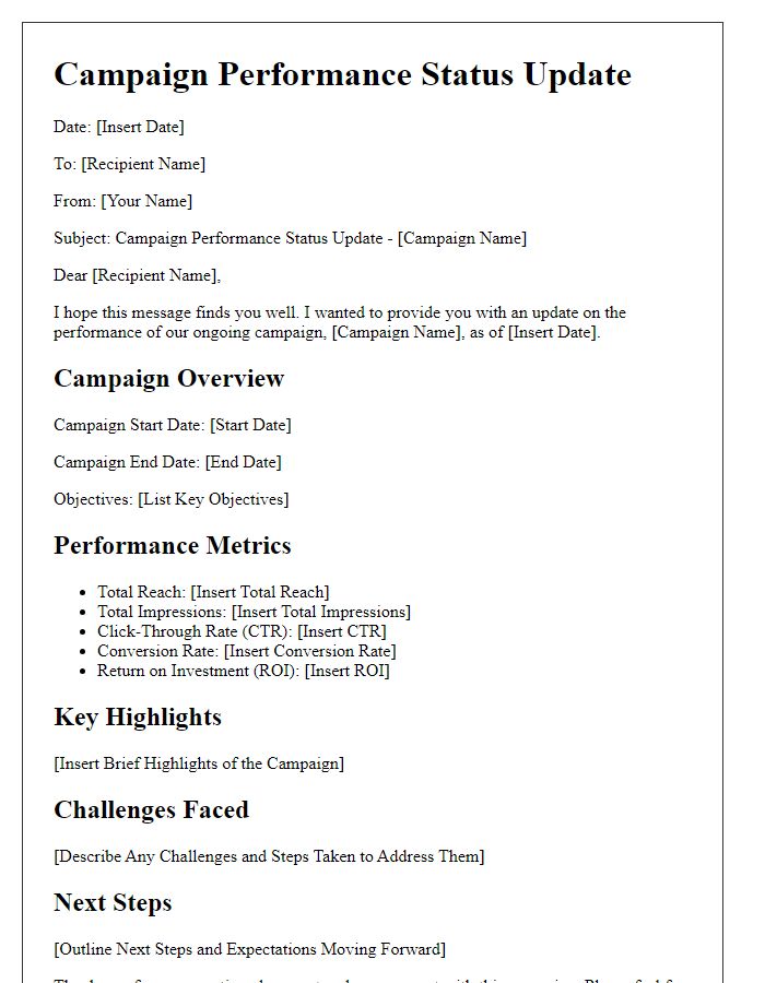 Letter template of campaign performance status update