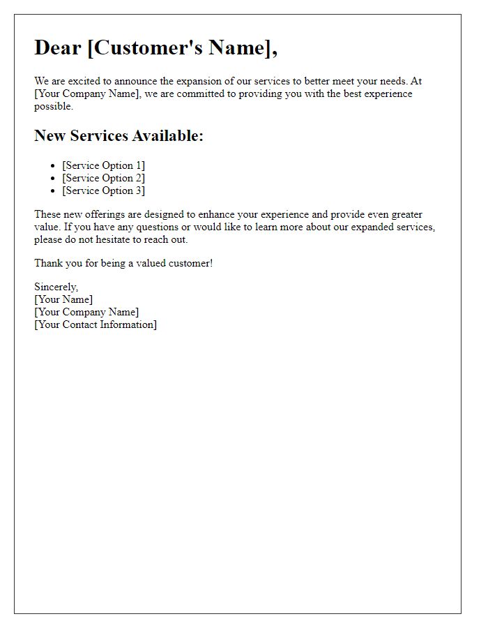 Letter template of featuring our expanded service options.
