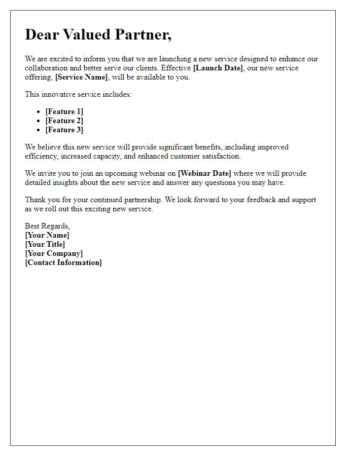 Letter template of informing partners about our new service rollout.