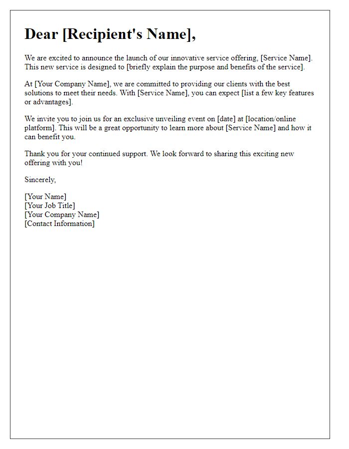 Letter template of unveiling our innovative service offering.