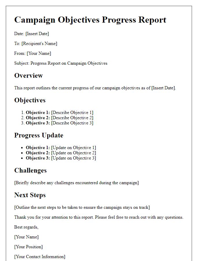 Letter template of campaign objectives progress report