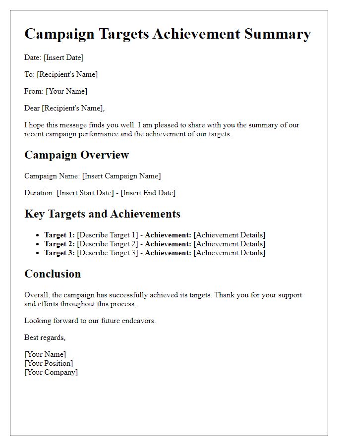 Letter template of campaign targets achievement summary