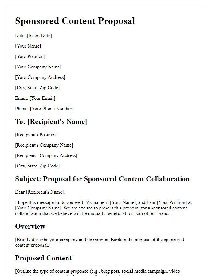 Letter template of sponsored content proposal