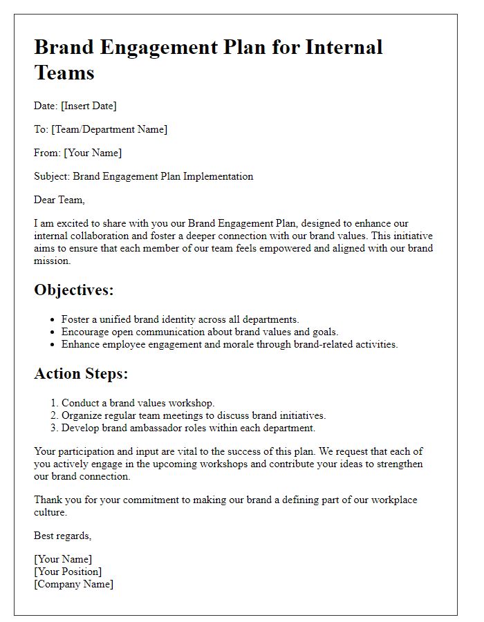 Letter template of brand engagement plan for internal teams