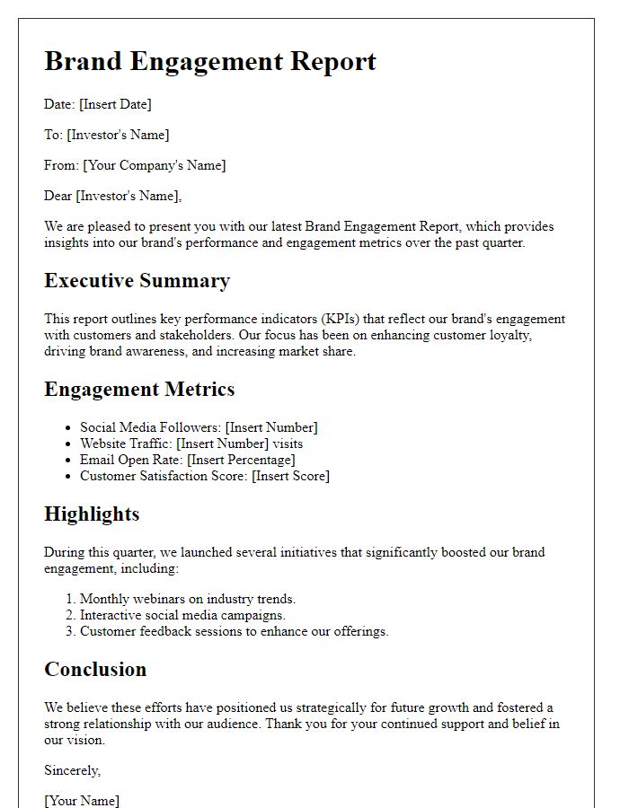 Letter template of brand engagement report for investors