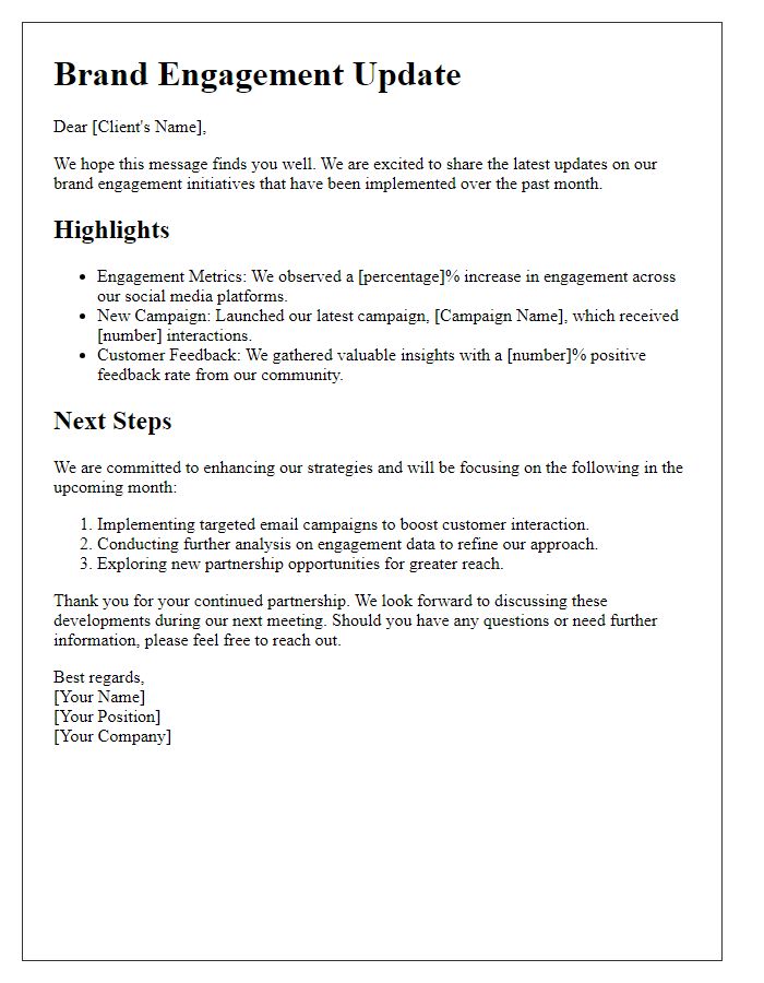 Letter template of brand engagement update for clients