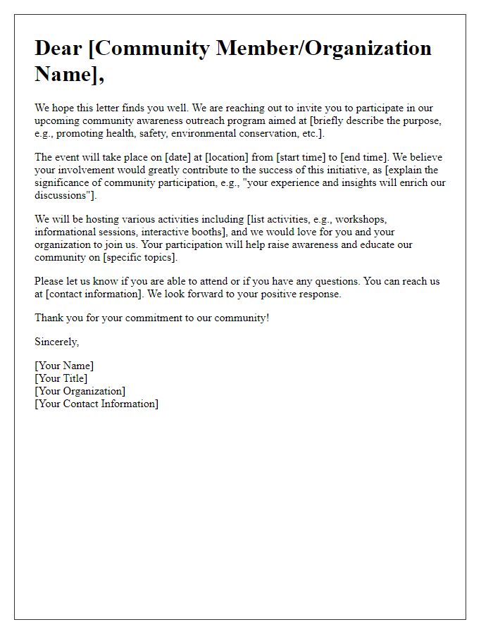 Letter template of community awareness outreach.