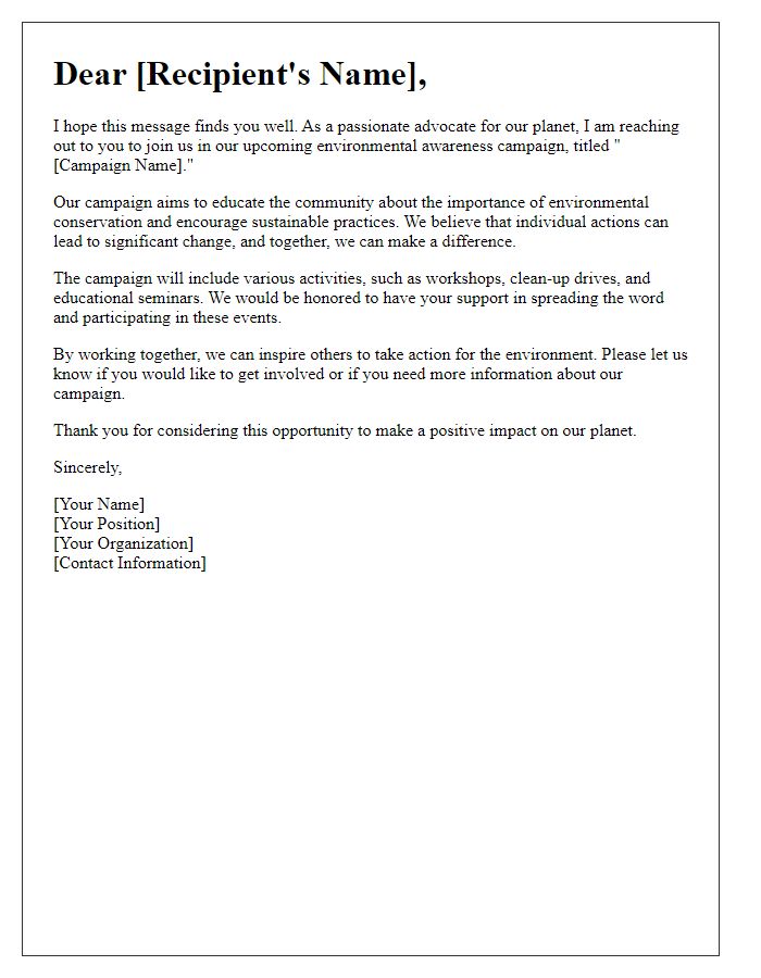 Letter template of environmental awareness campaign.