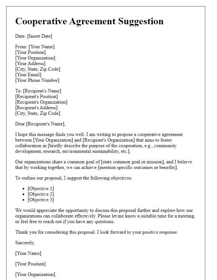 Letter template of cooperative agreement suggestion