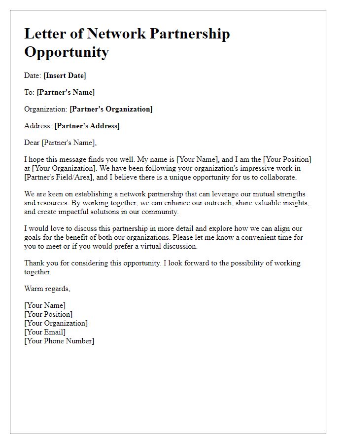 Letter template of network partnership opportunity