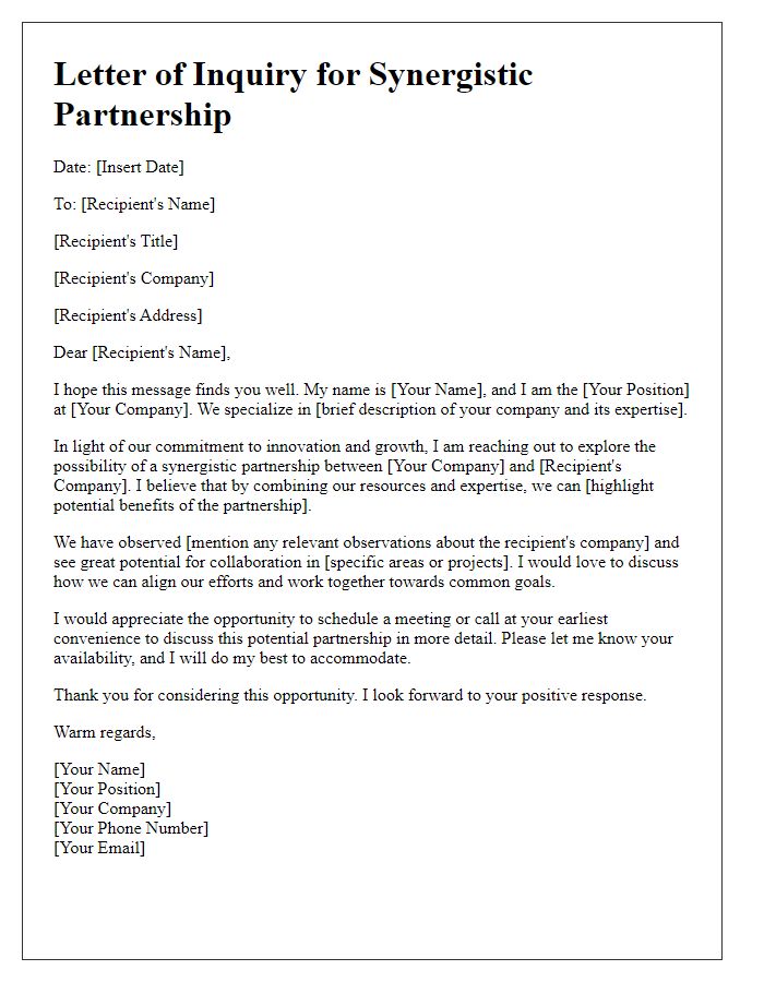 Letter template of synergistic partnership inquiry