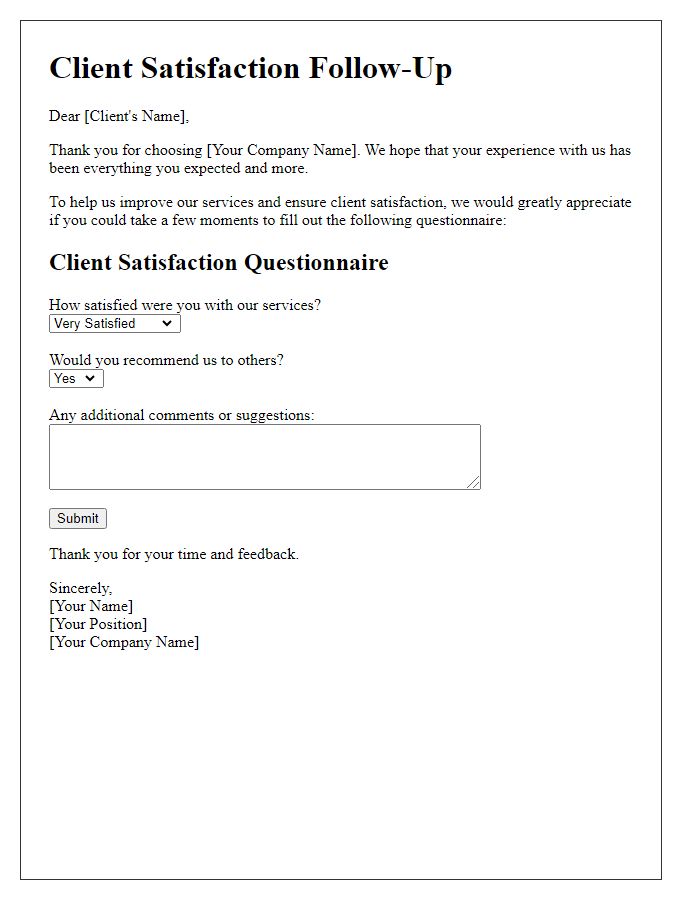 Letter template of client satisfaction follow-up questionnaire