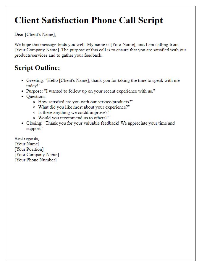 Letter template of client satisfaction phone call script