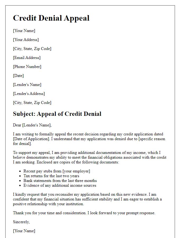 Letter template of credit denial appeal with additional income documentation.