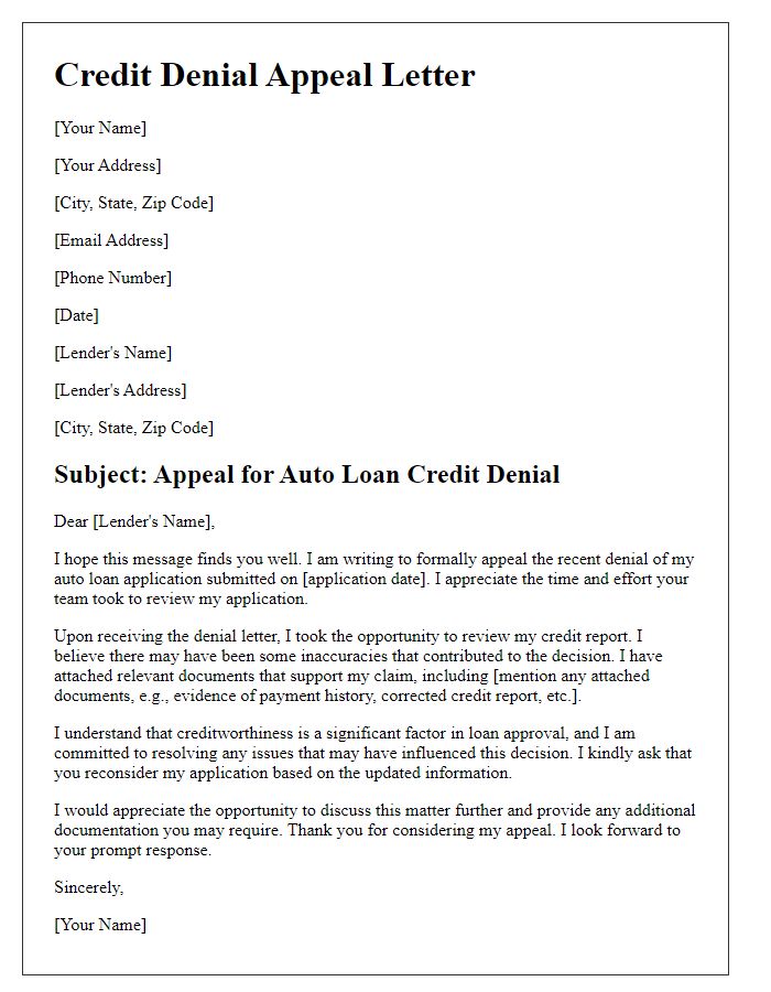 Letter template of credit denial appeal for auto loan.