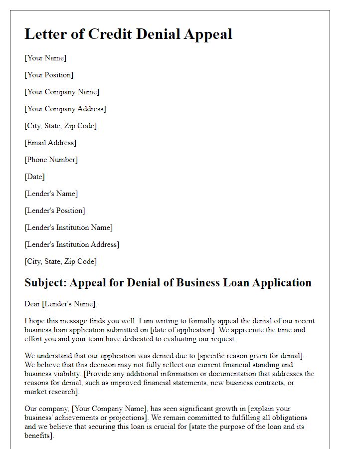 Letter template of credit denial appeal for business loan.