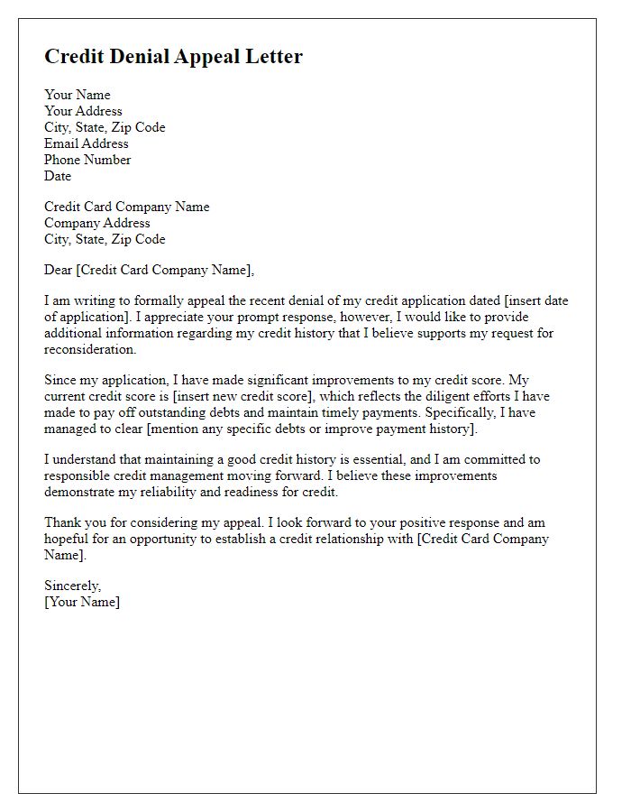 Letter template of credit denial appeal citing improvements in credit score.