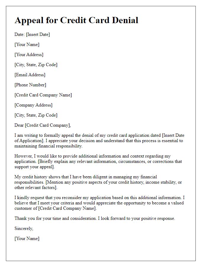 Letter template of credit denial appeal for credit card request.