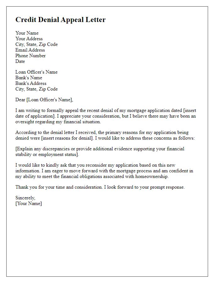 Letter template of credit denial appeal for mortgage application.