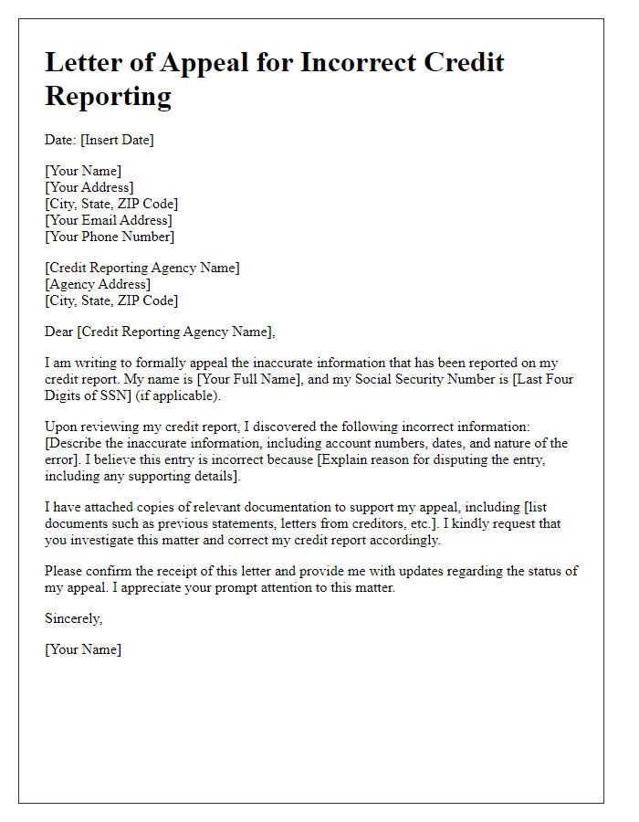 Letter template of appeal for incorrect credit reporting