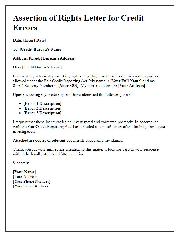 Letter template of assertion of rights for credit errors