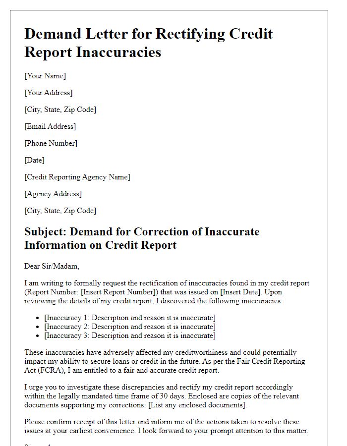 Letter template of demand letter for rectifying credit report inaccuracies