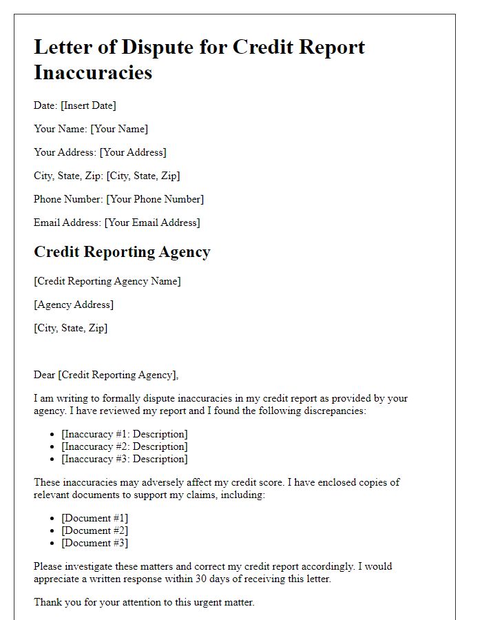 Letter template of dispute for credit report inaccuracies