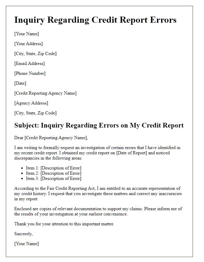 Letter template of inquiry regarding credit report errors