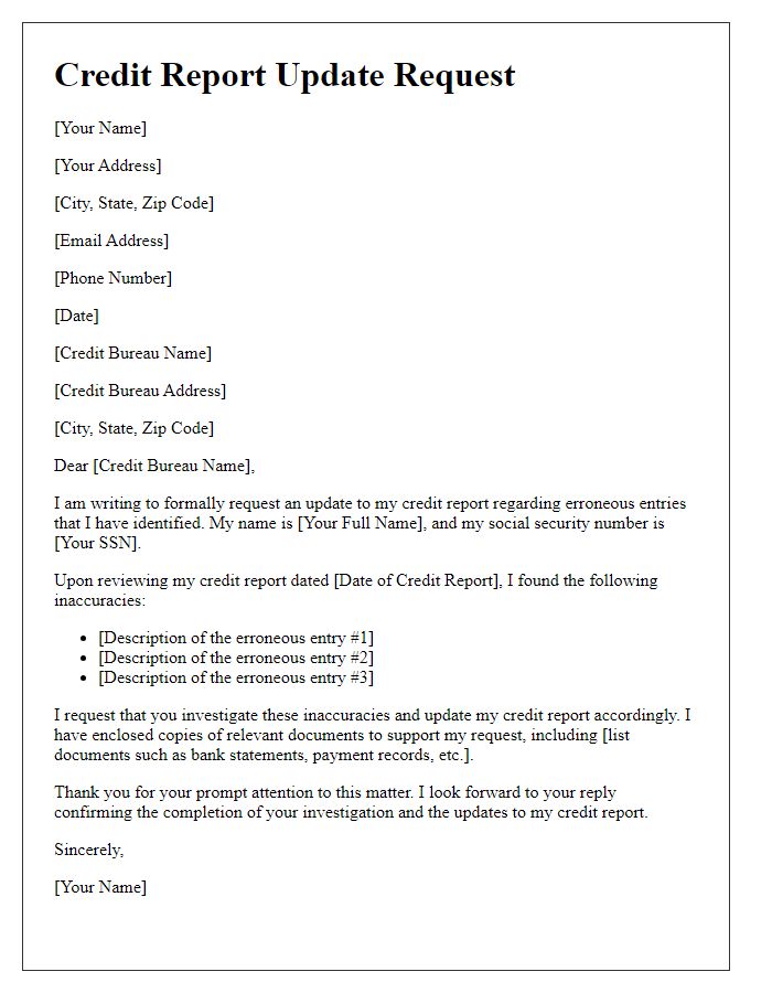 Letter template of update request for erroneous credit report entries