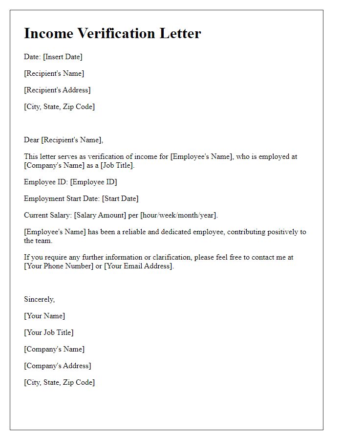 Letter template of income verification for bank statements