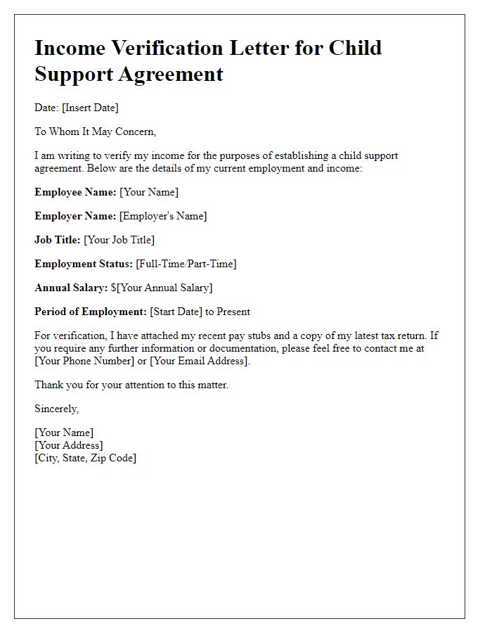 Letter template of income verification for child support agreements