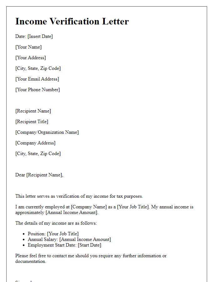 Letter template of income verification for tax purposes