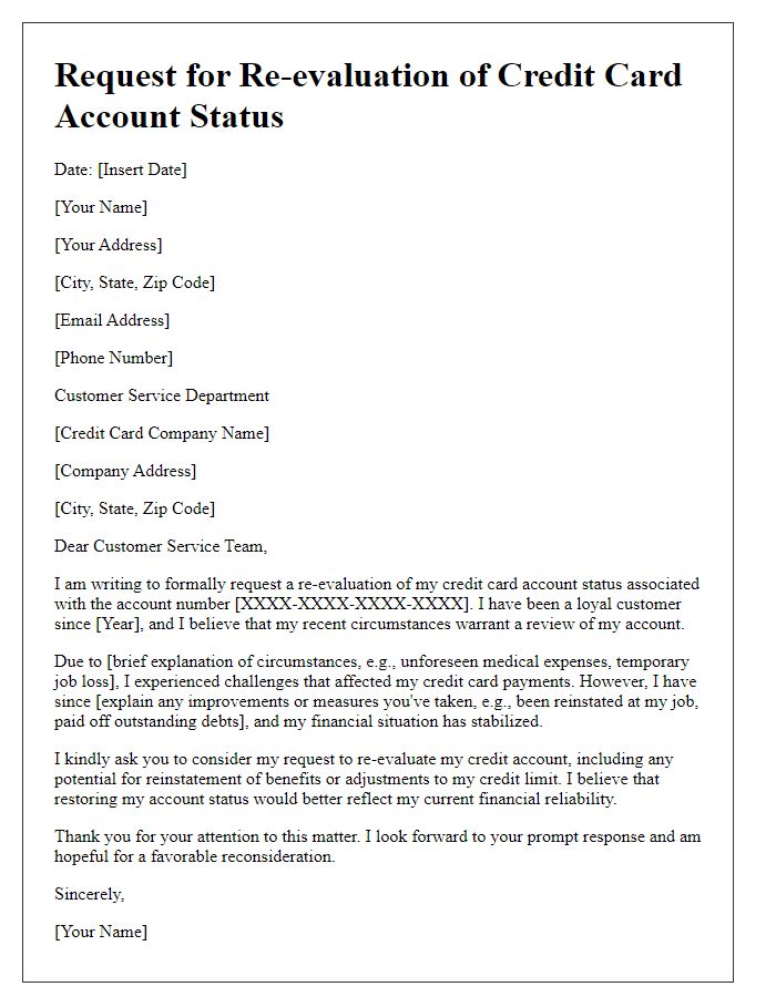 Letter template of appeal for re-evaluation of credit card account status.